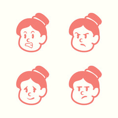 Cartoon vector of a girl with bun hairstyle showing 4 expressions: happy, angry, silly tongue out, and sad. Perfect for UI stickers, kids' education, or comic-style design elements