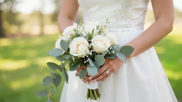 Elegant wedding bouquet with ivory roses and eucalyptus. Bridal bouquet features delicate cream roses and greenery. Wedding concept for invitations and announcements.
