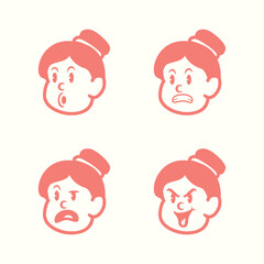 Cartoon vector of a girl with bun hairstyle showing 4 expressions: happy, angry, silly tongue out, and sad. Perfect for UI stickers, kids' education, or comic-style design elements