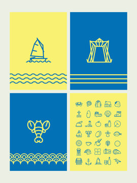 s&eacute;rie de quatre cartes postales illustrant la Bretagne, la mer, la culture, le patrimoine, la gastronomie, la p&ecirc;che, avec les symboles de la voile, la plage, la p&ecirc;che. 
