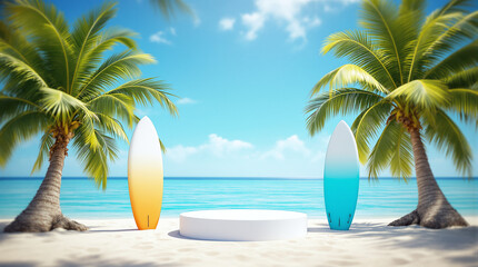 Fototapeta premium Round podium stands on a small island next to surfboards and palm trees with the ocean in the background - perfect for a summer banner or advertising mockup