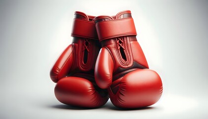 Two red leather boxing gloves hanging with detailed stitching on white background under soft and clean lighting
