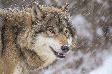 Fototapeta premium Wolf portrait in the falling snow