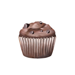 Delicious chocolate muffin illustration isolated on a white background. Perfect for use in bakery-themed designs, menus, packaging, posters, and food blogs. 