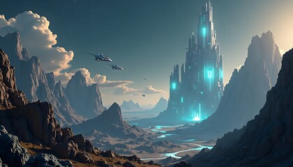 An awe-inspiring futuristic city towers amidst a rugged mountainous landscape, with a futuristic and innovative design, showcasing technological prowess and advanced civilization under a dramatic sky.