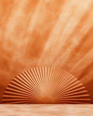 Terracotta Instagram story with a central sunburst design and gradient rays. Two photo placeholders are on the bottom, with text space at the top