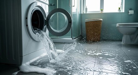 Washing machine with open door is leaking water onto bathroom floor. Home appliance breakdown with liquid spilling and splashing, flood concept.