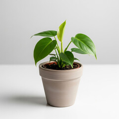 cactus in a pot. Small green plant in beige pot on white background. small green plant in a pot isolated on white background.