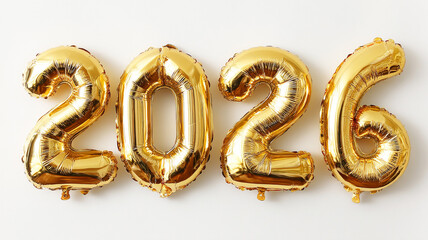 Happy New Year 2026. Golden balloons shaped as the year 2026 spark joy among confetti and stars.