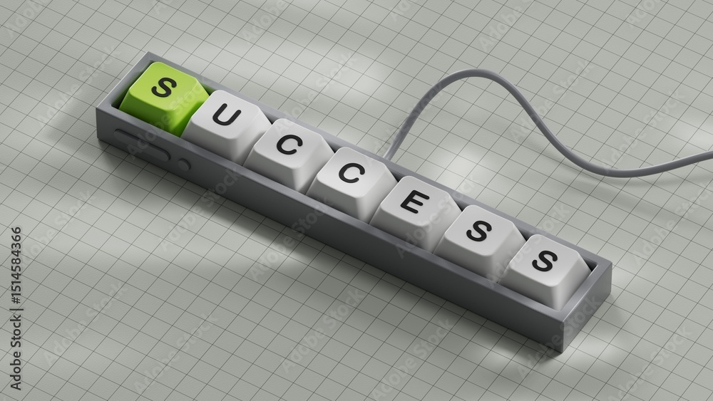 Poster success.Computer keyboard keys spelling.Flat lay view from above on white background with computer keyboard keys buttons.IT technology concept.3D rendering on white background.