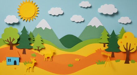 Cheerful paper craft landscape with deers and telescope under sunny sky