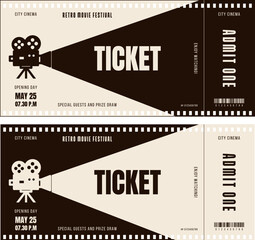 Retro movie ticket templates in contrasting light and dark themes, featuring vintage projector graphics and event details. Perfect for cinema ticket design, events and invitations.