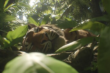 Obraz premium Sleeping tiger in a lush jungle