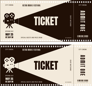 Retro movie ticket templates in contrasting light and dark themes, featuring vintage projector graphics and event details. Perfect for cinema ticket design, events and invitations.