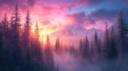 A breathtaking sunrise over a misty mountain valley with towering evergreens.