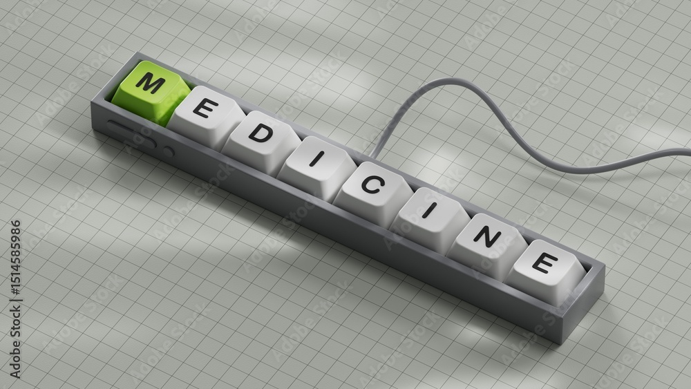 Poster medicine text word on computer keyboard keys.3d rendering on white background.