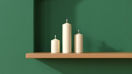 Three white candles on wooden shelf against green wall