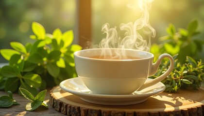 A tranquil moment is captured as a warm cup of tea emanates gentle steam. The surrounding vibrant green leaves frame the porcelain cup and saucer in a captivating display of freshness and serenity.