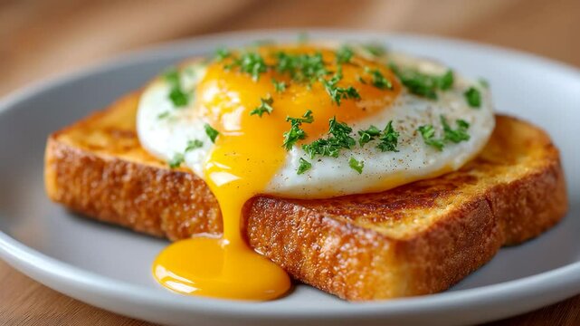 Egg on Toast: A perfectly cooked egg with a runny yolk rests atop golden-brown toast, garnished with fresh herbs, creating a delectable breakfast scene. 