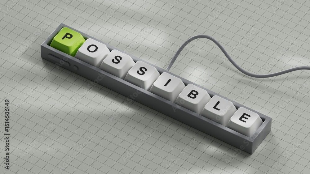 Poster possible.computer keyboard keys spelling.flat lay view from above on white background with computer 