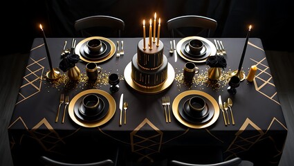 Fototapeta premium Elegant black and gold birthday dinner table setting
