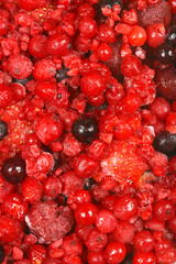 A close-up view of a vibrant mix of frozen red berries, including cranberries, raspberries, and blackberries, showing their frosty texture