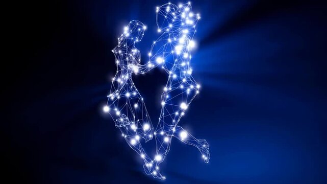 Gemini is shown as two intertwined silhouettes of stars forming a recognizable twin figure, the radiance of the Gemini constellation emphasizes the duality of the sign