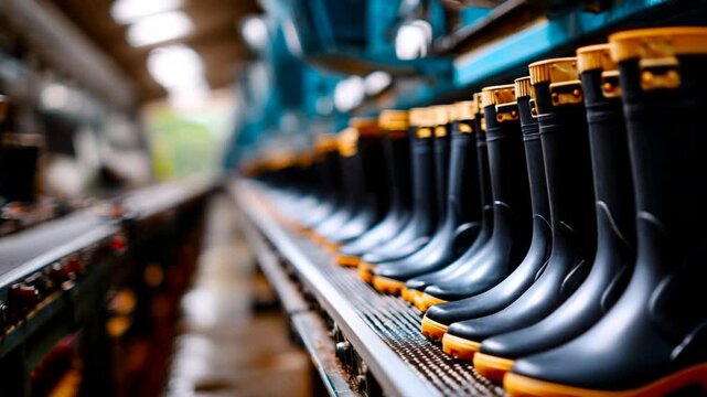 Rubber boots are lined up in a perfect row on the production line, industrial factory production