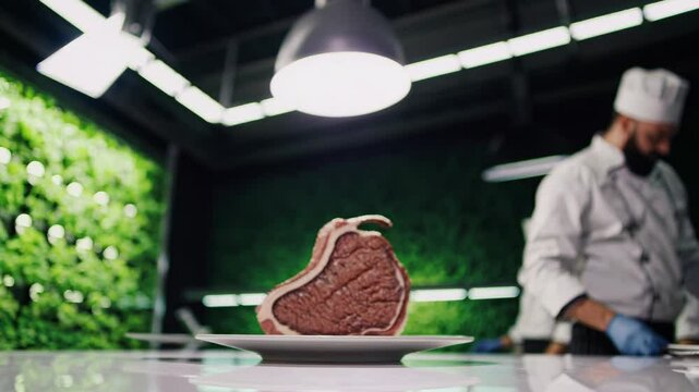 Professional chef preparing prime beef cut on white plate, modern kitchen interior featuring vertical garden backdrop
