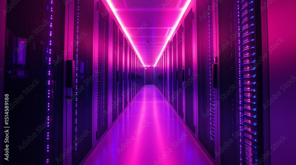 Poster a corridor in a futuristic data center showcases sleek server racks lined along the walls, bathed in