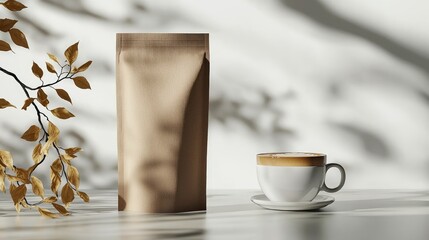 A light brown paper pouch and a cup of coffee on a light surface.