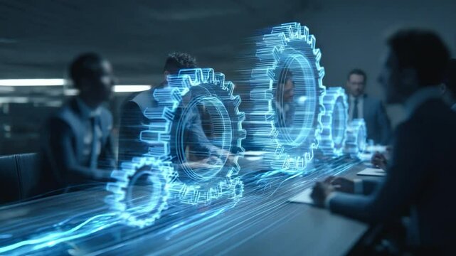 Digital Gears of Progress: A conceptual image of a business meeting. Overlaid with glowing, digital gears, the scene symbolizes the intricate mechanisms of collaboration and innovation. - Powered by Adobe