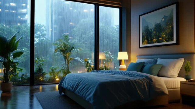 A cozy bedroom at night with a large bed, dim lighting from lamps and a panoramic window with a rainy cityscape and greenery