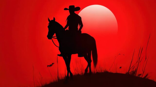 Silhouette of a cowboy riding a horse on a hill with a big red sun in the background