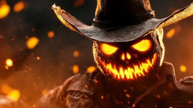 A scary scarecrow with a pumpkin head, glowing orange eyes and a toothy grin, wearing a hat, on a dark background with orange sparkles