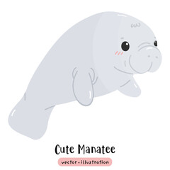 Cute Manatee Sea cow kawaii dugong cartoon ocean animal vector illustration