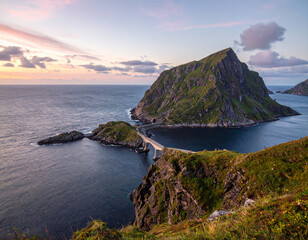 Scenic Coastal Landscape with Mountain Island and Bridge | sunset on the coast of Thailand