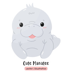 Cute Manatee Sea cow kawaii dugong cartoon ocean animal vector illustration