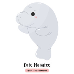 Obraz premium Cute Manatee Sea cow kawaii dugong cartoon ocean animal vector illustration