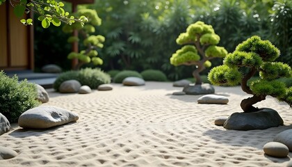 A serene Zen garden evokes a sense of tranquility with its meticulously raked sand, artfully placed rocks, and vibrant bonsai trees, offering a moment of peace.