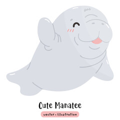 Obraz premium Cute Manatee Sea cow kawaii dugong cartoon ocean animal vector illustration