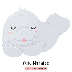 Cute Manatee Sea cow kawaii dugong cartoon ocean animal vector illustration