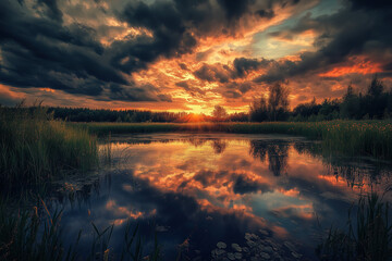 landscape at sunset over calm lake, dark storm clouds reflecting in still water, lush greenery around, photorealistic