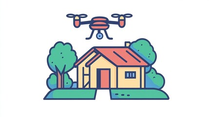 Obraz premium Drone hovering over a house in a yard. Simple, flat illustration of a residential property with a drone above