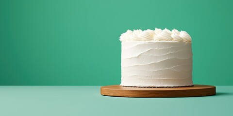 cake frosting unique concept. A simple white cake on a wooden board against a green background.