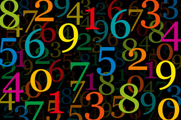 Colorful numerals, randomly distributed against black background. Dynamic pattern, composed of overlapping numbers from zero to nine. Visual effect and symbol for the playful handling of many numbers.