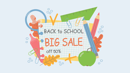 Green apple and oak leaves with stationery and big sale for back to school inscription for shopping promotion isolated on light background. 50% discount. Advertising for websites, social networks, onl