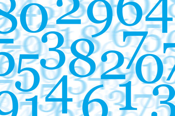 Blue numerals, randomly distributed, against white background. Dynamic pattern composed of overlapping numbers, with motion blur moving backwards. Mood picture for big data, complexity, or numerology.