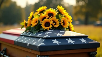 Sunflower bouquet on a casket draped with an American flag, for remembrance, sympathy cards - Powered by Adobe