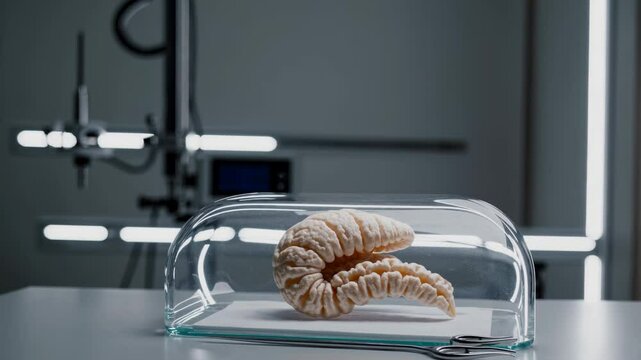 Medical research device simulating pancreas function spinning within sterile glass chamber, accompanied by robotic laboratory instrumentation